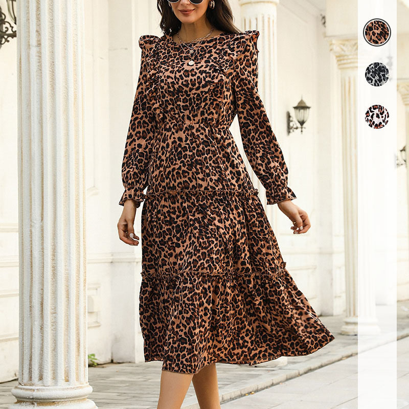 Vintage Leopard Print Ruffle Sleeve Dress Autumn Winter Collection Elegant Casual Wear Wholesale Available
