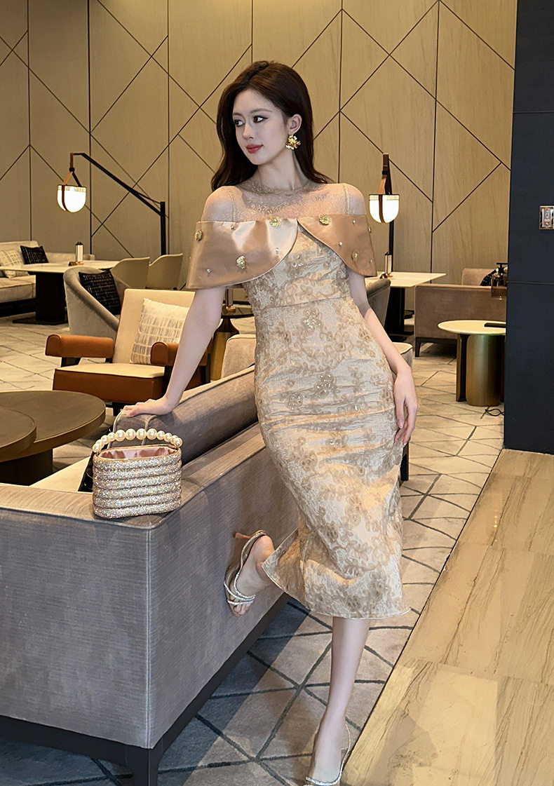 Đầm ôm body nữ dự tiệc ren tay ngắn cổ tròn cao eo — [Màu champagne] chi tiết 8