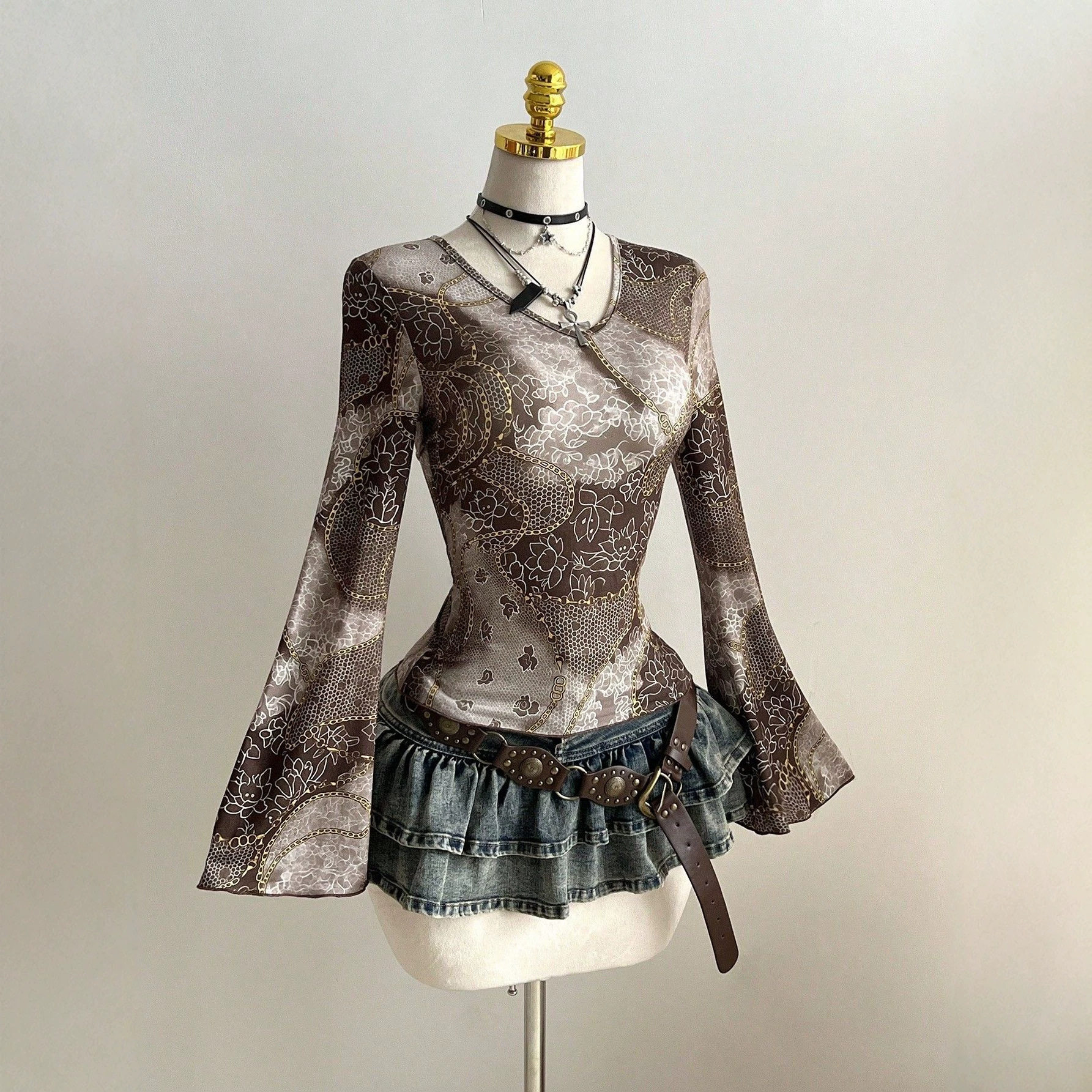 Slim Fit Floral Print V Neck Long Sleeve Dress Bell Sleeve Sexy Style Perfect for Parties Ready to Ship