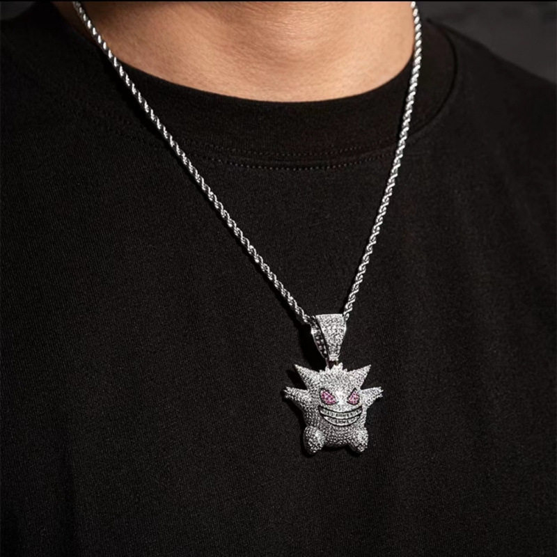 Full Diamond Imp Geng Ghost Pendant Hip-Hop Necklace for Men and Women Couple Funny Ins Street Handsome High-end Accessories Chain