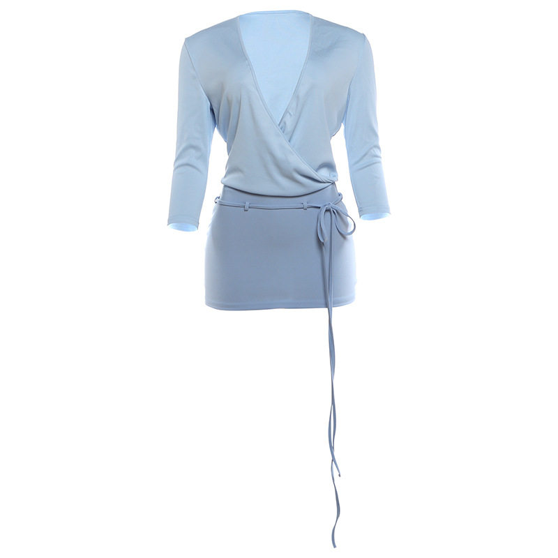 Summer Womens Two Piece Set Deep V Neck Long Sleeve Top Solid Color Low Waist Skirt Casual Wear Wholesale Available