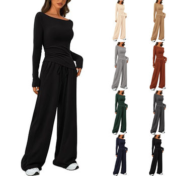 2025 Amazon Fall Hot-Selling Casual Set Asymmetrical Long Sleeve T-Shirt Wide Leg Pants Casual Sportswear