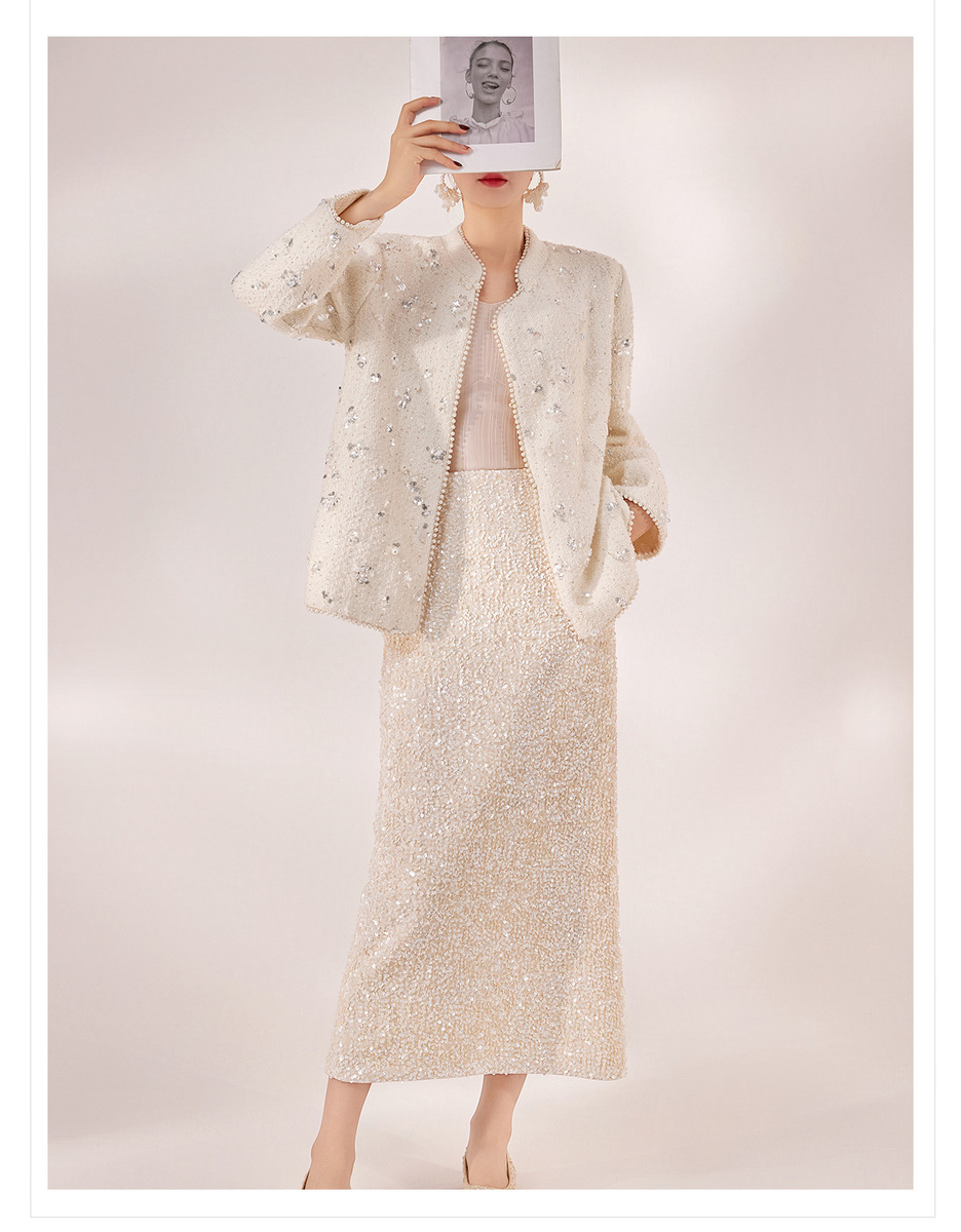 Chân váy dài lưng cao dáng chữ A phối sequin lấp lánh — Màu mơ