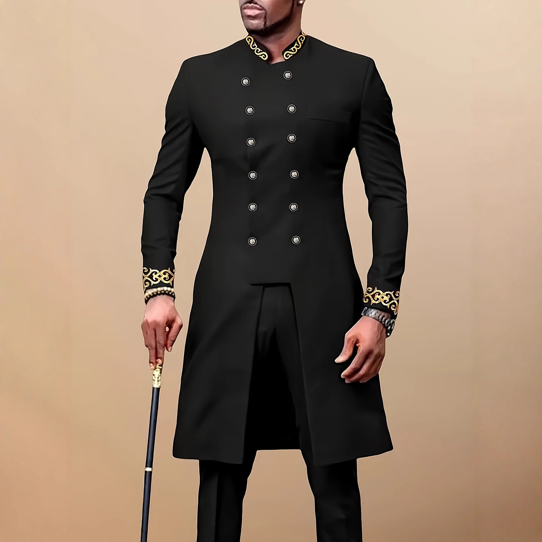 传统外贸非洲风格男士结婚新西装2件套圆领长袖上衣加裤子外贸