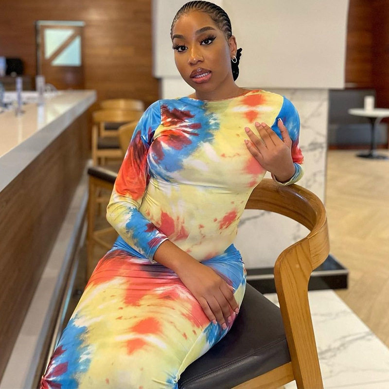 Spring European and American Style Fashionable Backless Dress Color Block Long Sleeve Bodycon Silhouette Streetwear