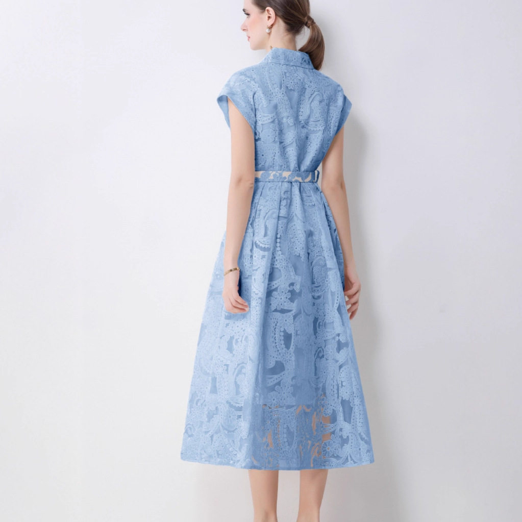 French Casual Midi Dress Short Sleeve Button Front Hollow Embroidery Belted Versatile Style for Summer Events