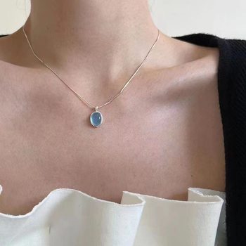Hot Selling Silver Aquamarine Necklace Moonstone Original Design Accessible Luxury Niche Oval Pendant Snake Bone Chain for Women