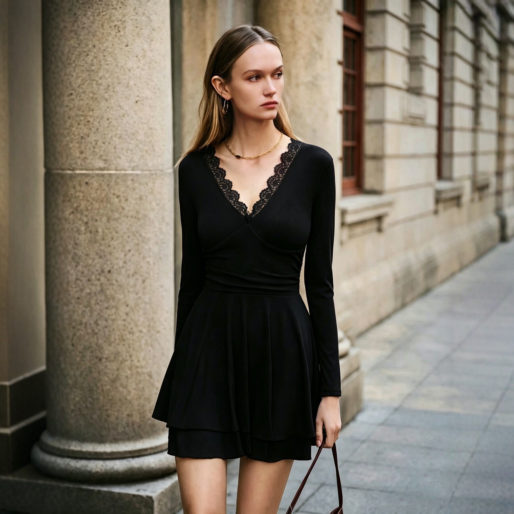 V Neck Lace Trim Long Sleeve Dress Slim Fit Ruffled Hem A Line Skirt Perfect for Spring and Summer Events Wholesale