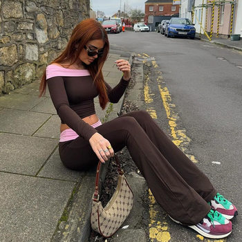 European and American Cross-border 2024 New Suit Sexy Slim-fit Color-matching Shoulder Long-sleeved Slim-fit Flared Pants Two-piece Set for Women