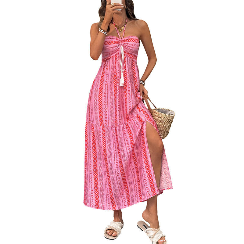 Bohemian Geometric Print Maxi Dress Halter Neck Side Slit Vacation Style Wholesale Available