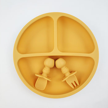 Maternal and Child food supplement drop-resistant high temperature resistant round plate cartoon baby silicone fork spoon sucker bowl two-piece set