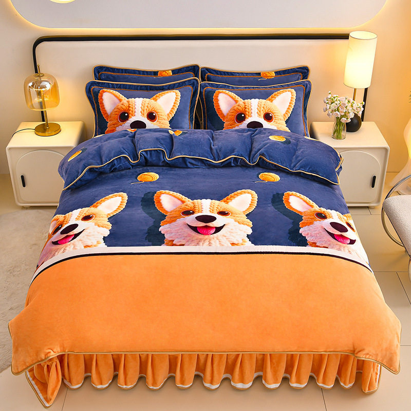 Class a Thickeneded Milk Velvet Four-Piece Autumn and Winter Cartoon Bed Skirt Quilt Cover Double-Sided Coral Velvet Bed Three-Piece Quilt Cover