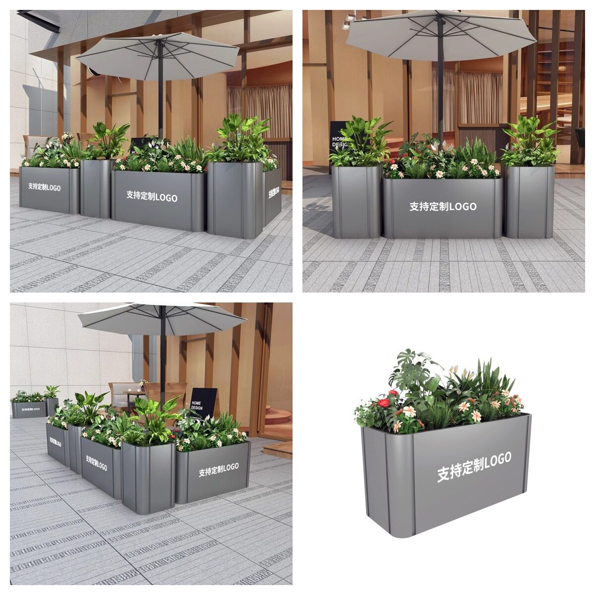 Outdoor Stainless Steel Flower Box Combination Restaurant Hotel Outdoor and Retractable Solar Light with Flower Trough Iron Flower Bed
