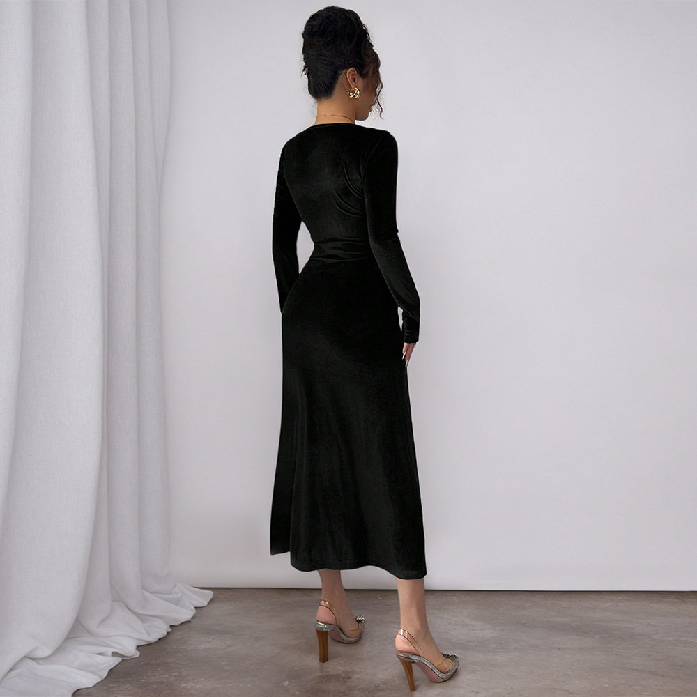 Black Velvet Long Dress Square Neck Side Waist Pleats Slim Fit Spring Summer Elegant for Dates and Vacations