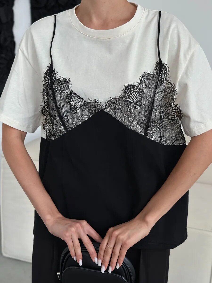 Lace Trimmed Loose Fit T Shirt Short Sleeve Round Neck Casual Style Perfect for Summer Wear Wholesale Available