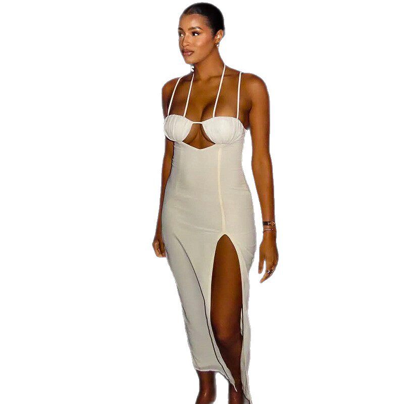 Bodycon Halter Dress Solid Color Asymmetrical Hem High Slit Chic Evening Wear for Women Wholesale Available