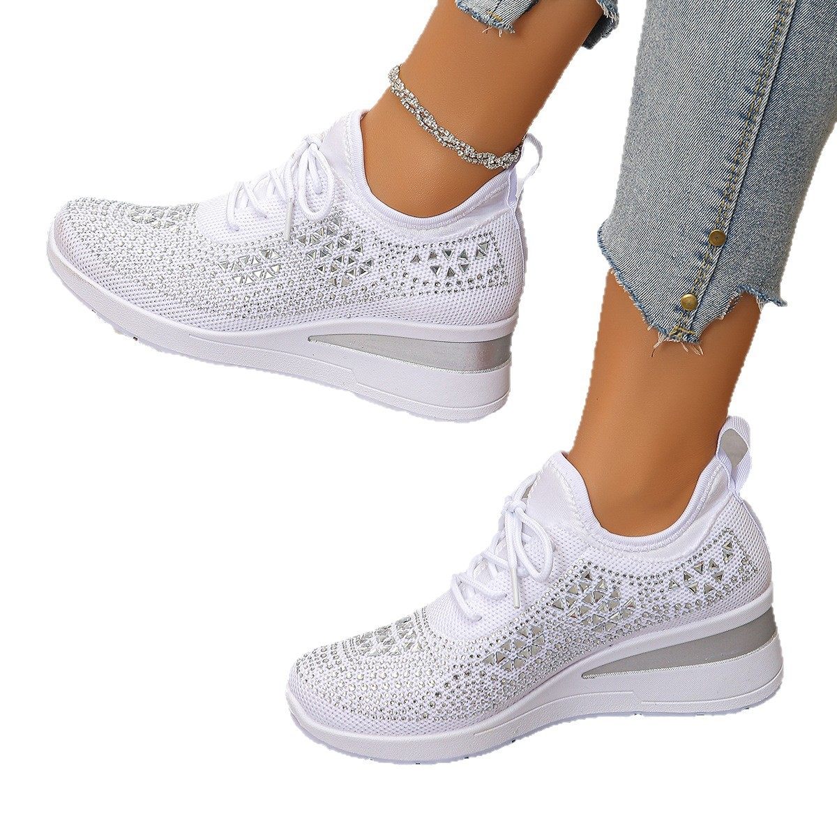 Cross-Border Rhinestone Lace-Up Women's Casual Shoes Low-Top Sports Fashion Style Foreign Trade Wholesale Daily Commuting Suitable for Comfort