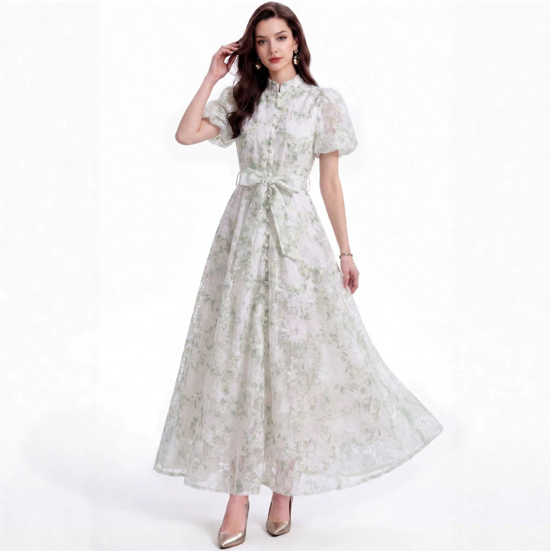 Romantic Rose Print Mesh Puff Sleeve Dress Summer Pearl Button Waist Defined Long Length Perfect for Casual or