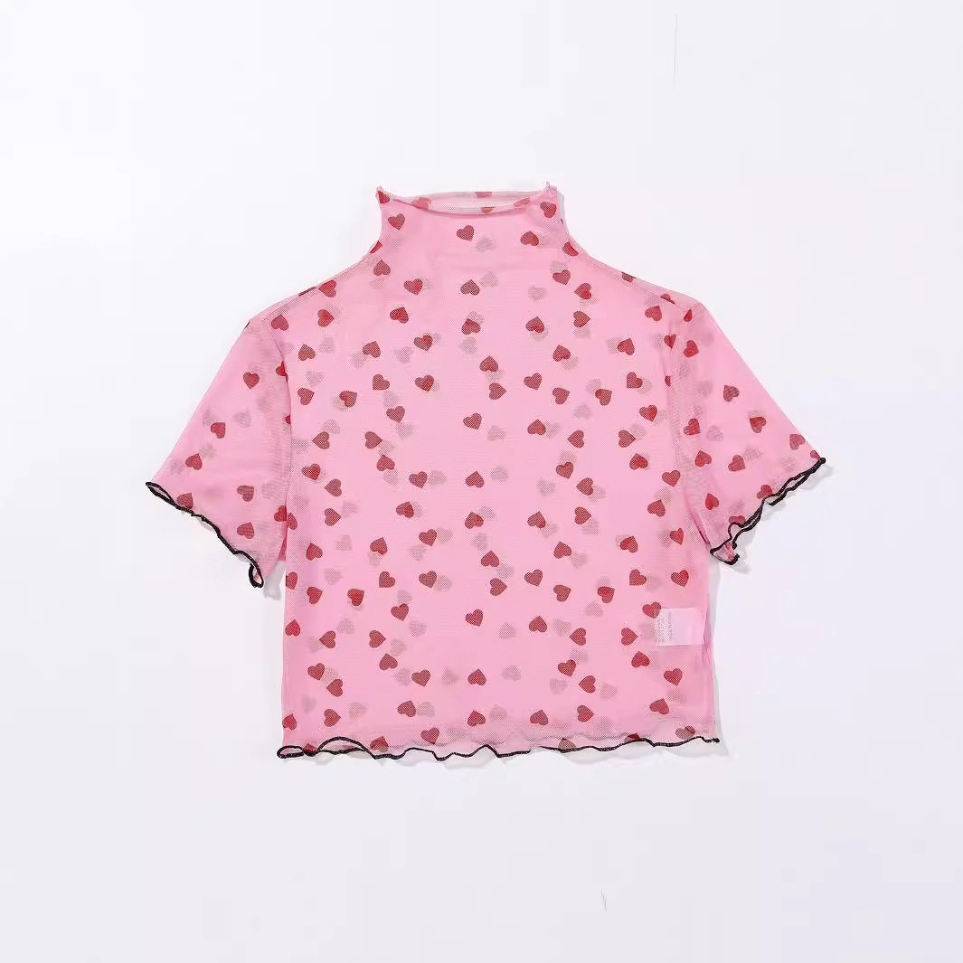 Short Cropped T Shirt Sweet Floral Print Sheer Fabric Casual Style Perfect for Summer Outings Wholesale Available