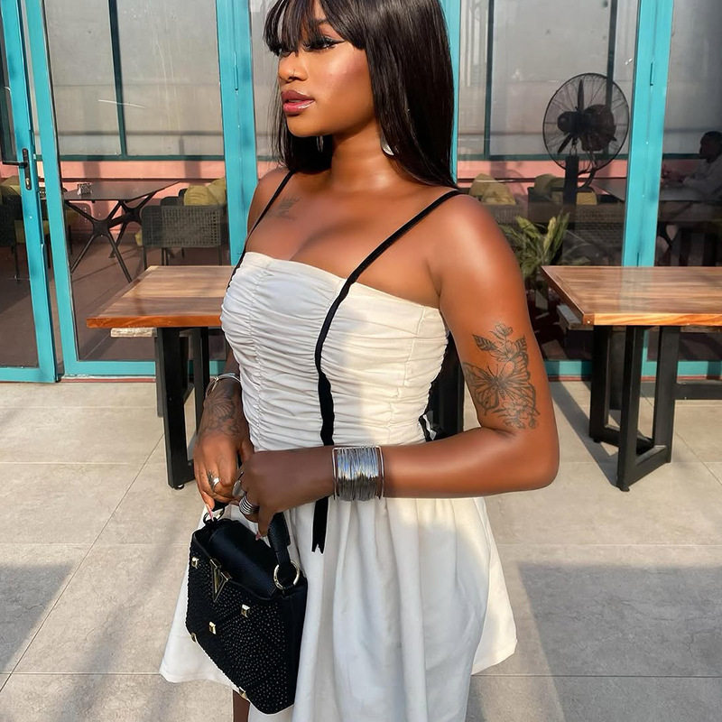 Black and White Color Block A Line Dress Ruffled Strapless Fashionable Minimalist Style Perfect for Casual Outings
