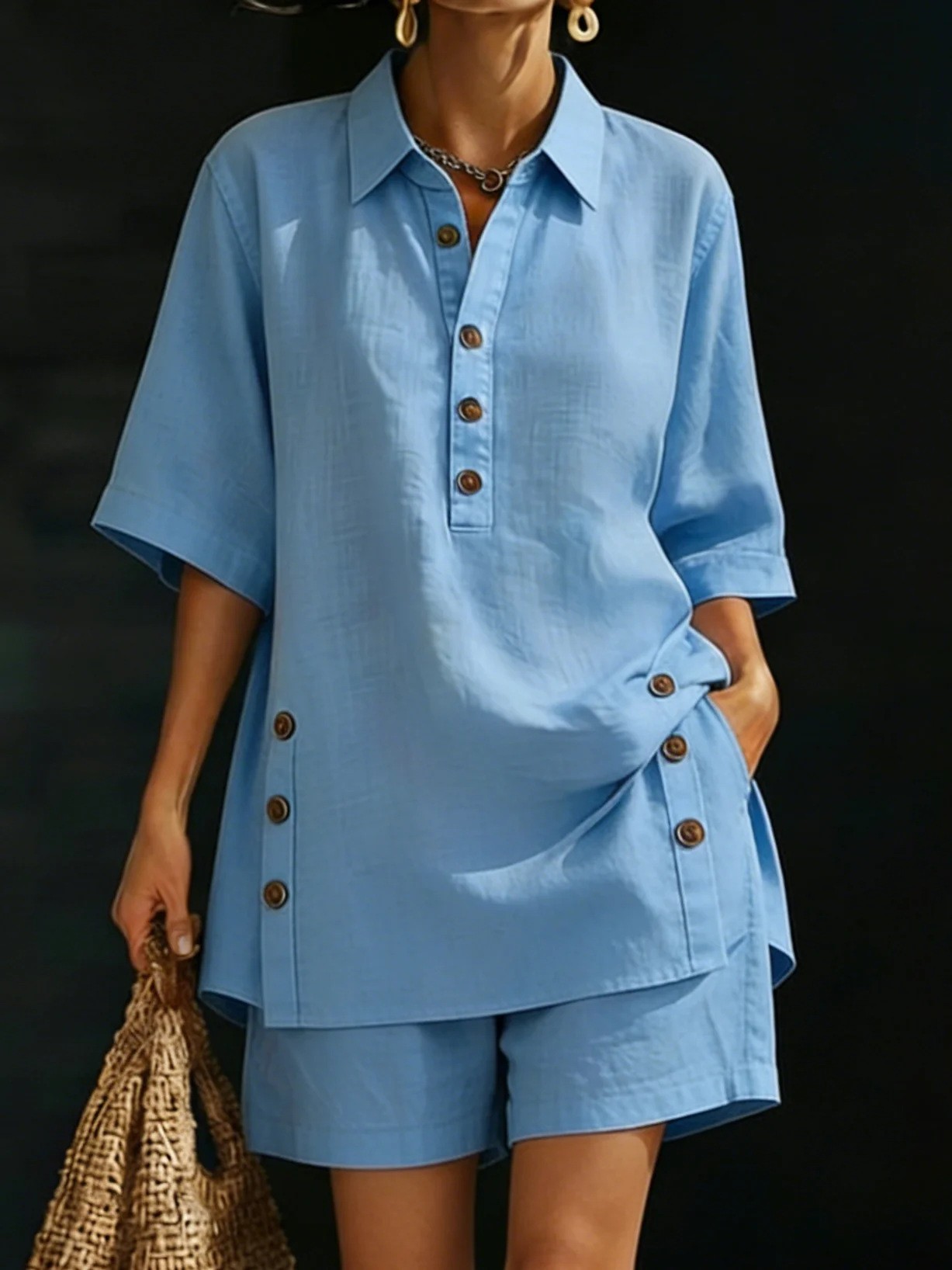 Womens Two Piece Set Short Sleeve Button Up Shirt Loose Fit Pants Solid Color Spring Summer Casual Wear Wholesale