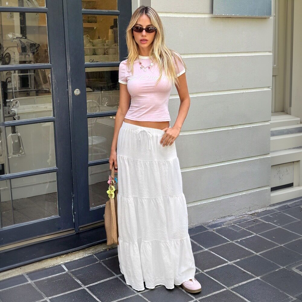 White Ruffled Drawstring Maxi Skirt Sweet Style Flowy Design Summer Wear Wholesale Womens Fashion Apparel