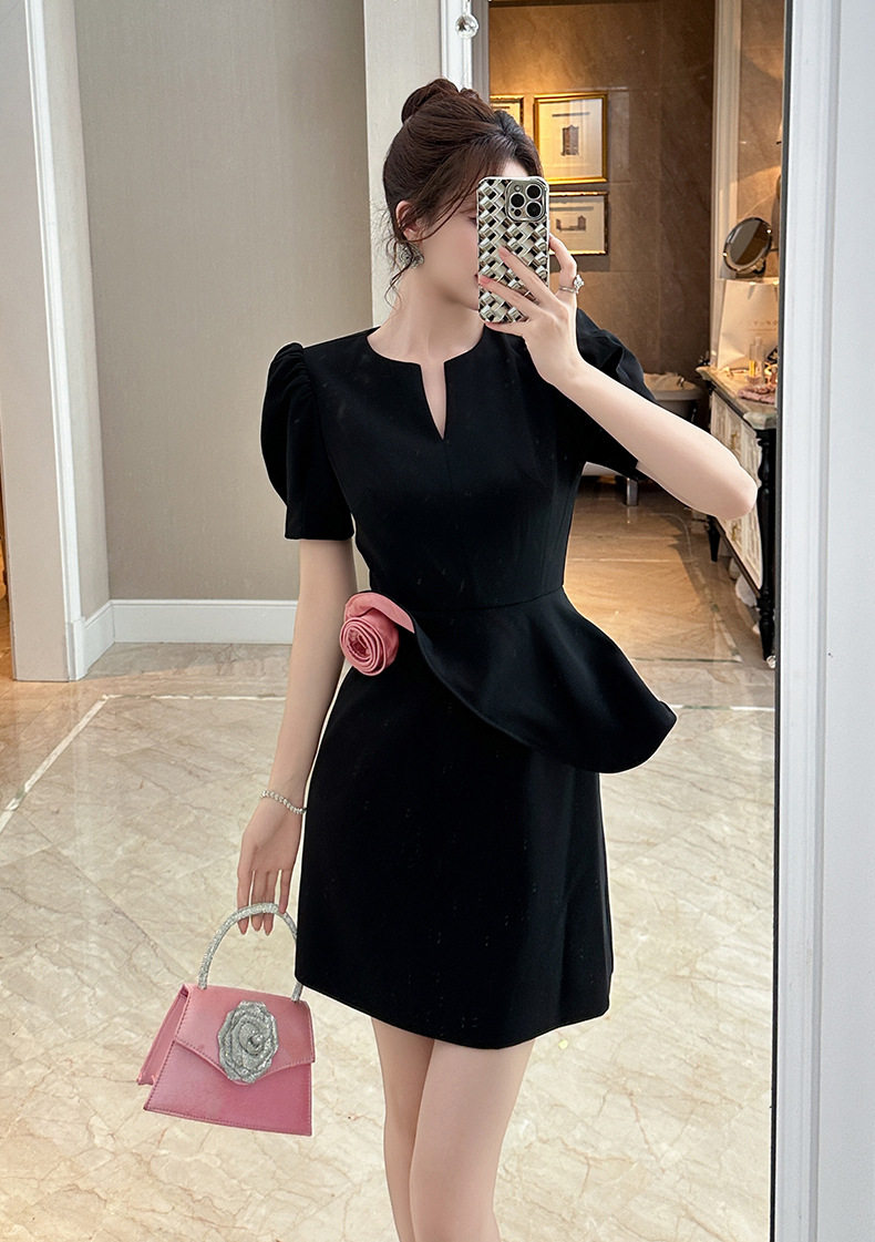 Đầm suông nữ midi cổ tròn tay bồng, thiết kế dáng chữ A, họa tiết hoa mùa hè — [Màu đen] chi tiết 7