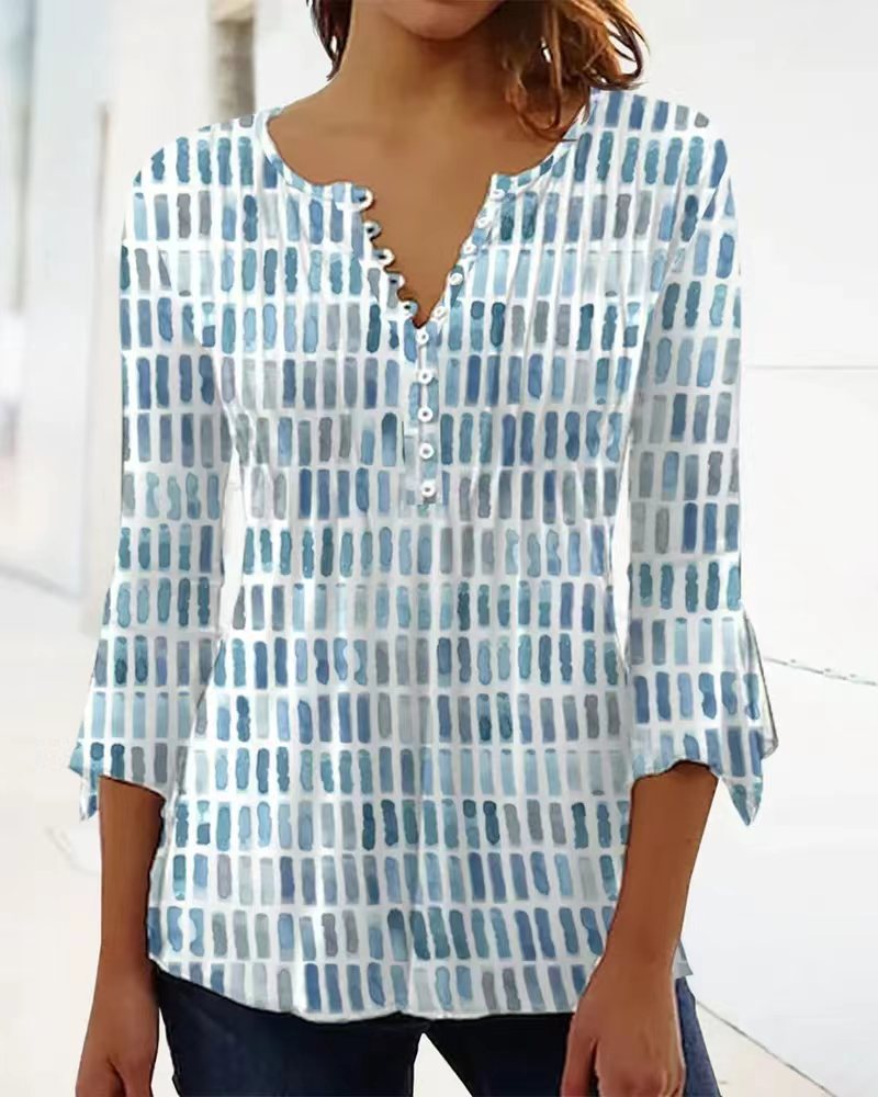 V Neck Printed T Shirt Casual Style Elegant Design Summer Wear Womens Pullover Blouse Available for Wholesale