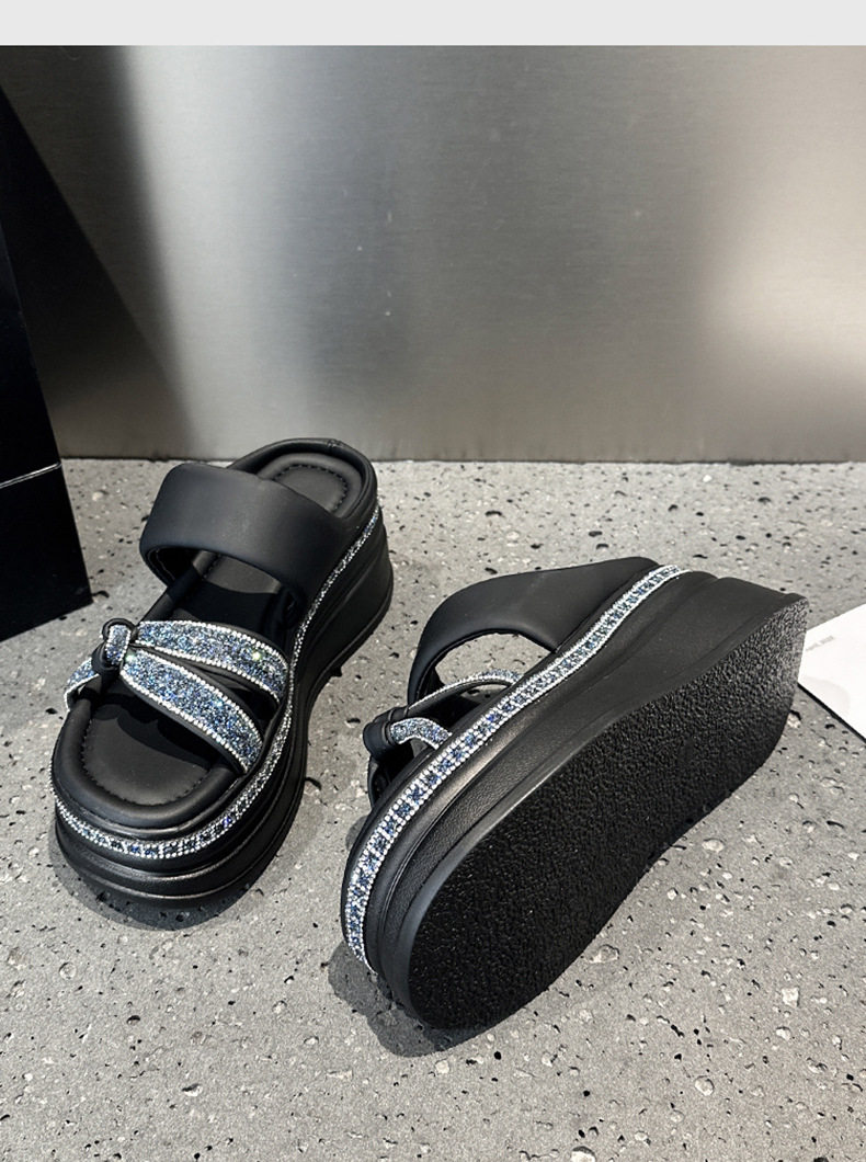 Dép sandal nữ đế dày platform phong cách La Mã, mũi tròn, quai chữ V đơn giản — Đen, Len nguyên chất chi tiết 15