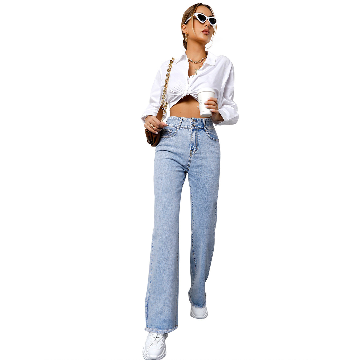 High Waisted Casual Denim Trousers Straight Leg Light Color Versatile Design Perfect for Everyday Wear Wholesale