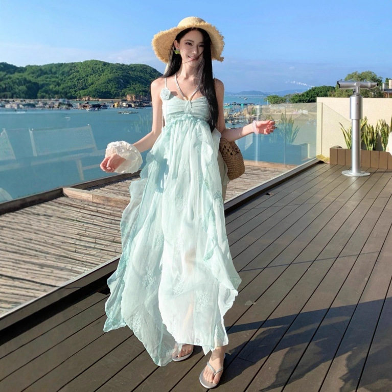 Beach Vacation Style Womens Maxi Dress Stunning Blue Color Floral Embroidery Ruffled Hem Irregular Design Perfect