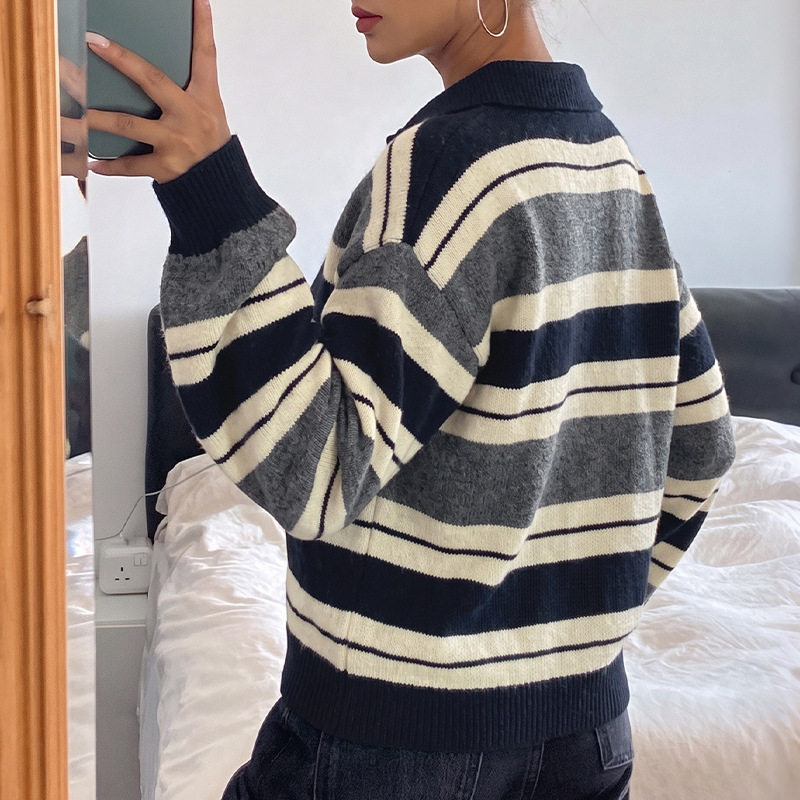 Korean Style Loose Striped Knit Sweater for Women Soft Fabric Elegant Collar Cozy Fit Perfect for Fall and Winter