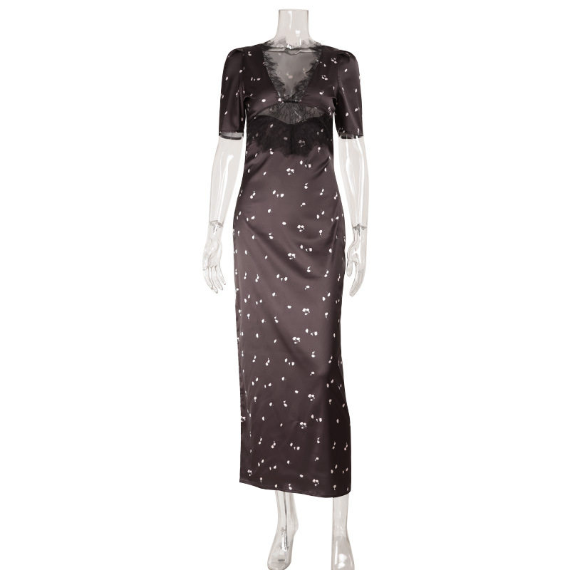 Elegant Womens Dress Satin Lace Panel V Neck Hollow Out Polka Dot Print Mid Length Sleeve Perfect for Parties or
