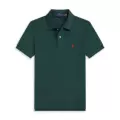 Dark green polo shirt with red label