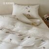 Fresh and Simple Cotton and Linen Bed Sheet Four-Piece Set, Ultra-Soft Floral Towel Embroidered Duvet Cover, Girly Double Skin-Friendly Bedding