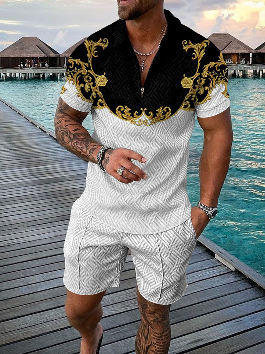 2022跨境欧美男装新款独立站货源休闲撞色POLO拉链翻领衫短袖套装