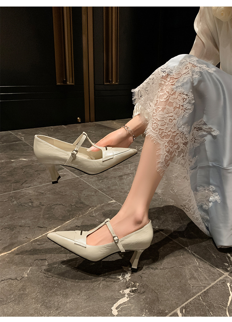 Giày cao gót Mary Jane nữ mũi nhọn quai chữ T gót vuông bằng da bò thật — Màu đen, Màu trắng be, Màu xanh lam nhạt
