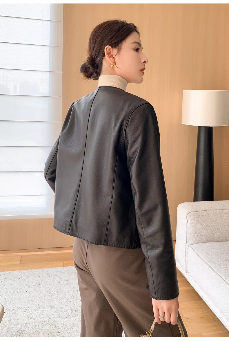 Áo khoác da cừu nữ ngắn cổ tròn phong cách dạo phố — Da cừu màu đen