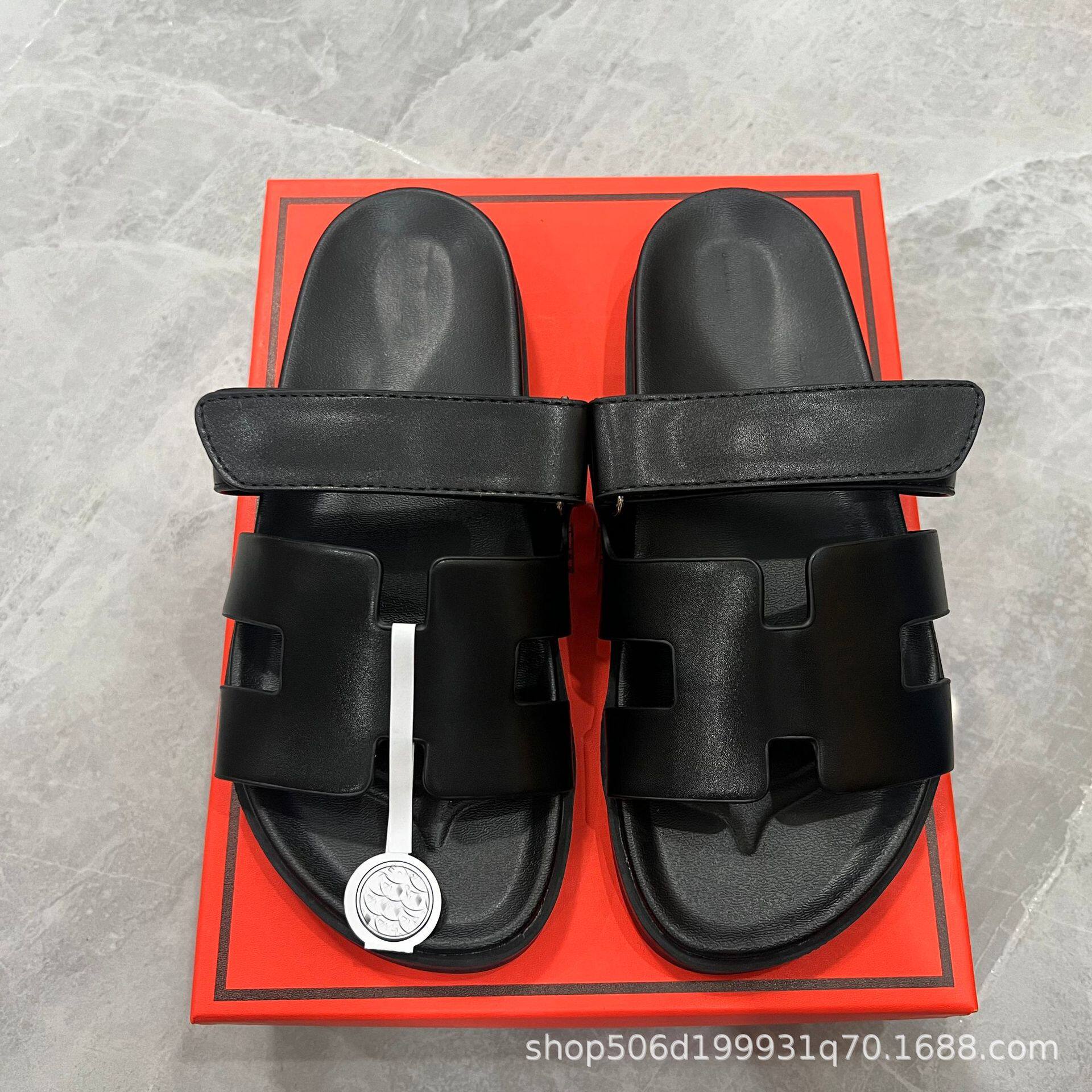 Erjiu Slippers for Women 2025 New Style Flats-Soled One-Line Sandals with Velcro Outer Wear Half-Slip Couple Beach Shoes