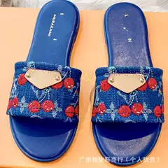 Women's Louis Denim Embroidered Cherry Slippers 2025 Summer New Outdoor Flat One-Strap Plus Size Slide Sandals