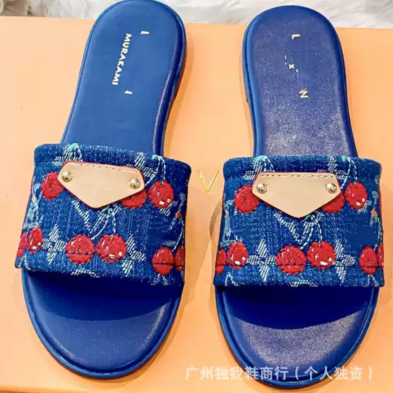 Women's Louis Denim Embroidered Cherry Slippers 2025 Summer New Outdoor Flat One-Strap Plus Size Slide Sandals