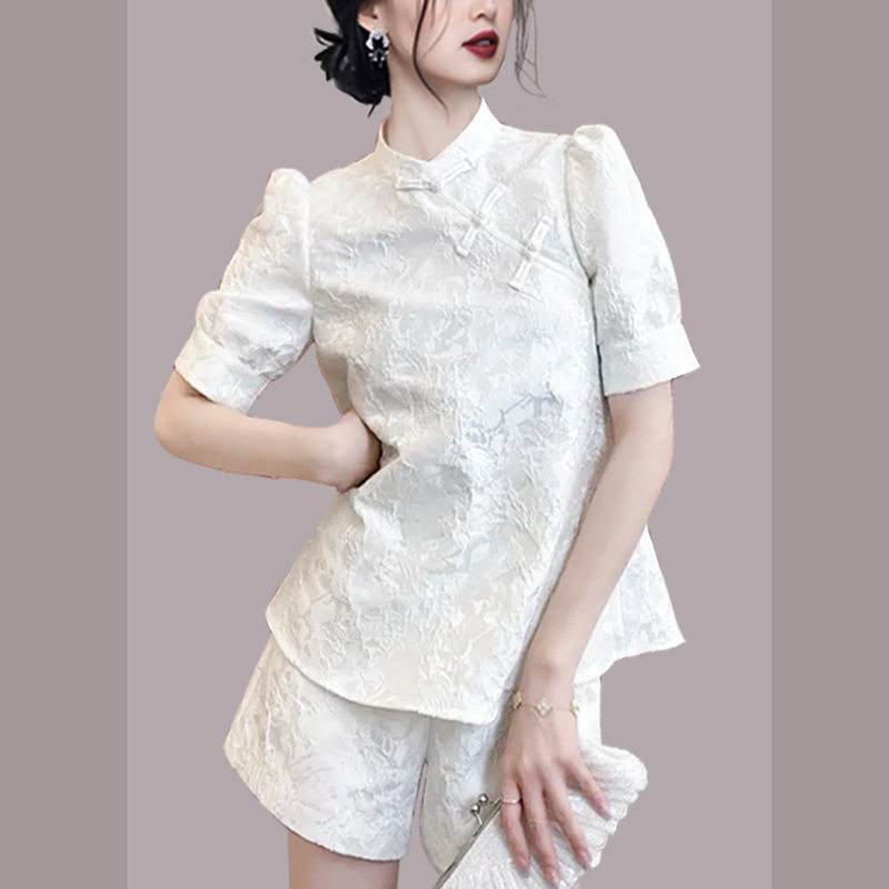 Bộ mặc nhà nữ cotton tay ngắn họa tiết trơn — Trắng