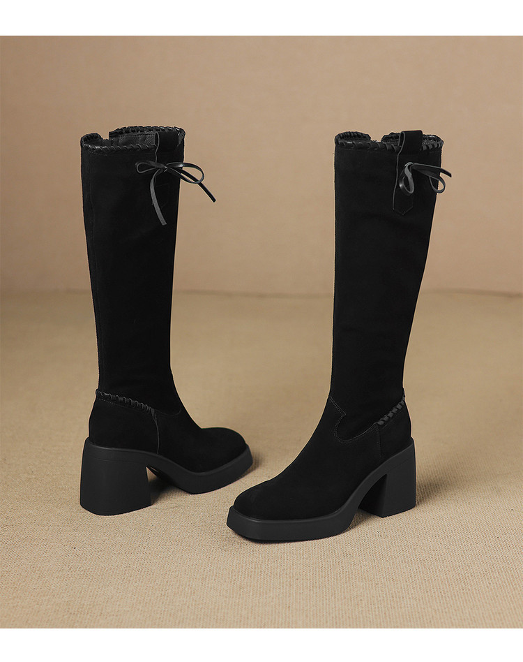 Boot nữ cổ cao ôm bắp chân gót siêu cao 8.5cm mũi tròn phong cách thư giãn — màu đen, Màu nâu