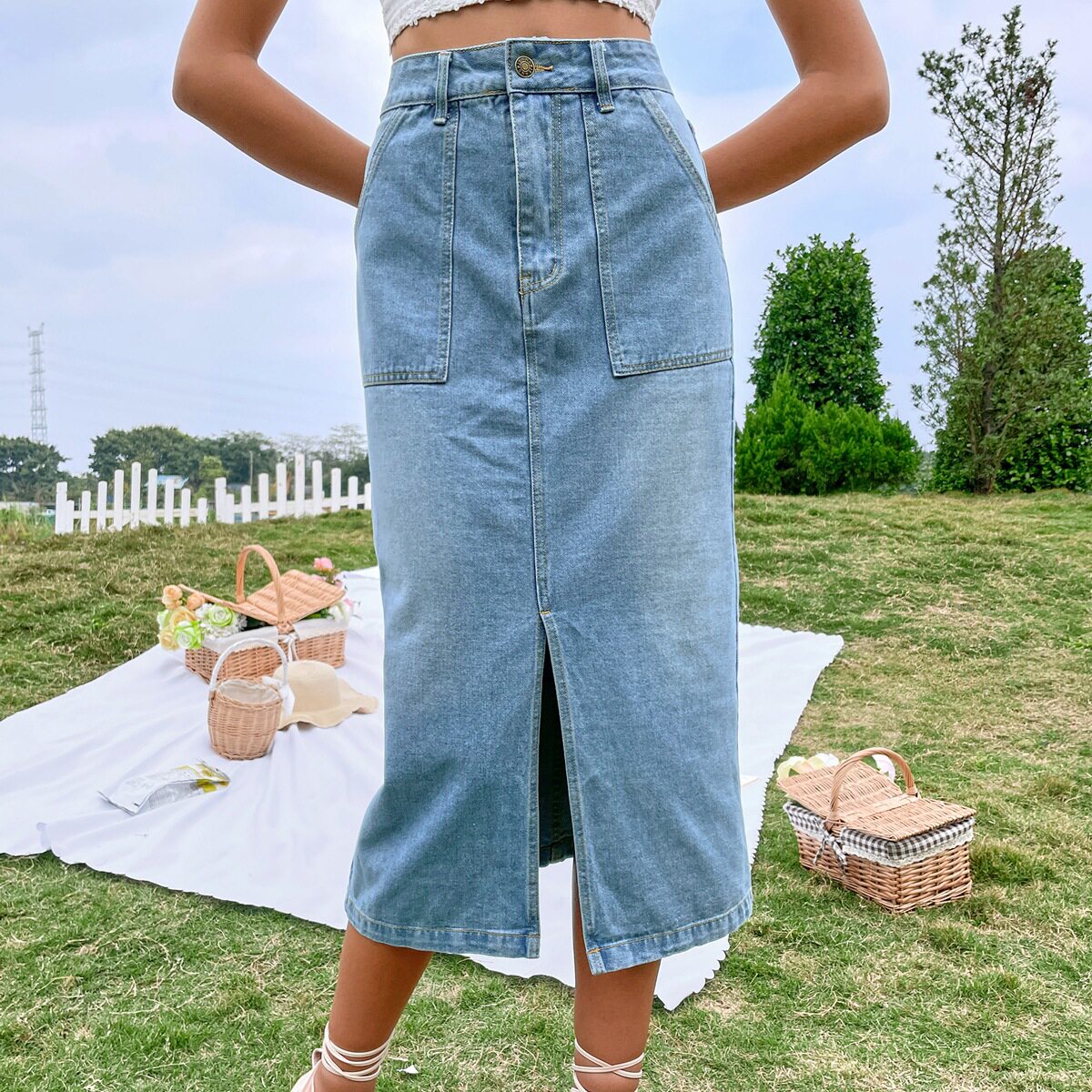 A Line Split Hem Denim Skirt Elegant Design High Waist Comfortable Fit Casual Wear Spring Summer Wholesale