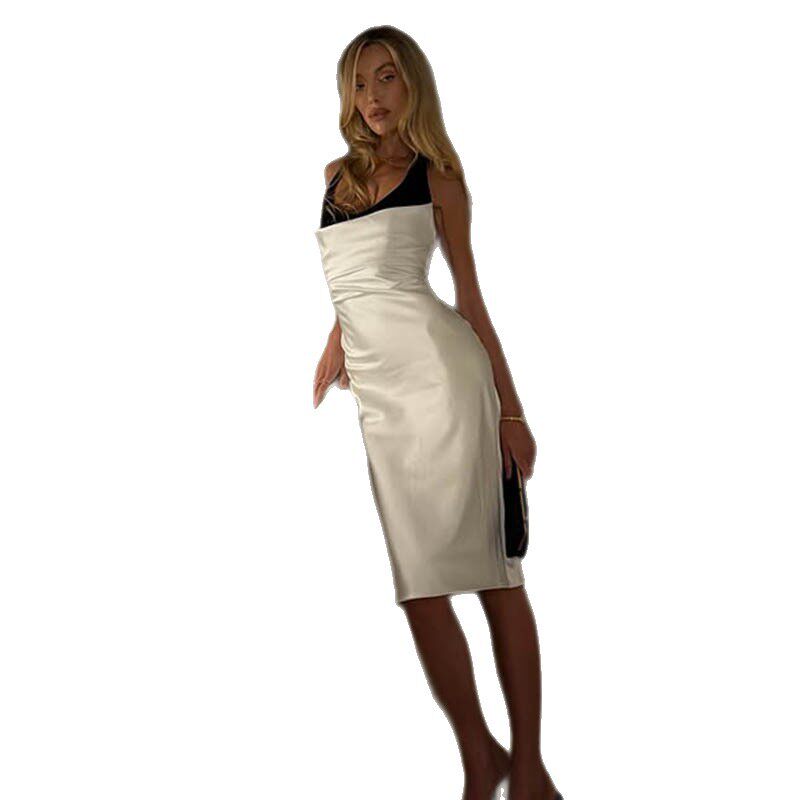 Elegant Sleeveless Midi Dress Color Block Satin Fabric Fashionable Summer Style for Women Wholesale Available