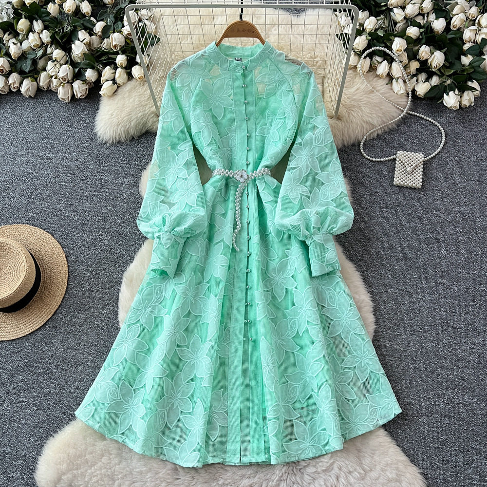 French Vintage Court Style Embroidered A Line Dress Hollow Out Lantern Sleeves Waist Tie Round Neck Elegant Evening