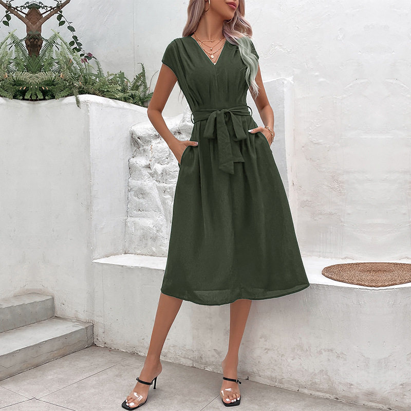 Elegant Black V Neck Dress Minimalist Style Versatile Fit Summer Fashion Wholesale Available