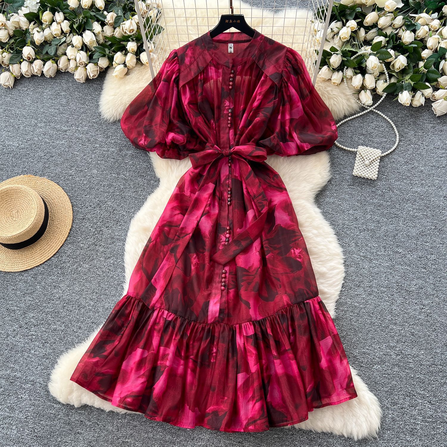 Luxury European Style Printed Puff Sleeve Dress for Women Summer Waist Tie A Line Elegant High Quality Fabric