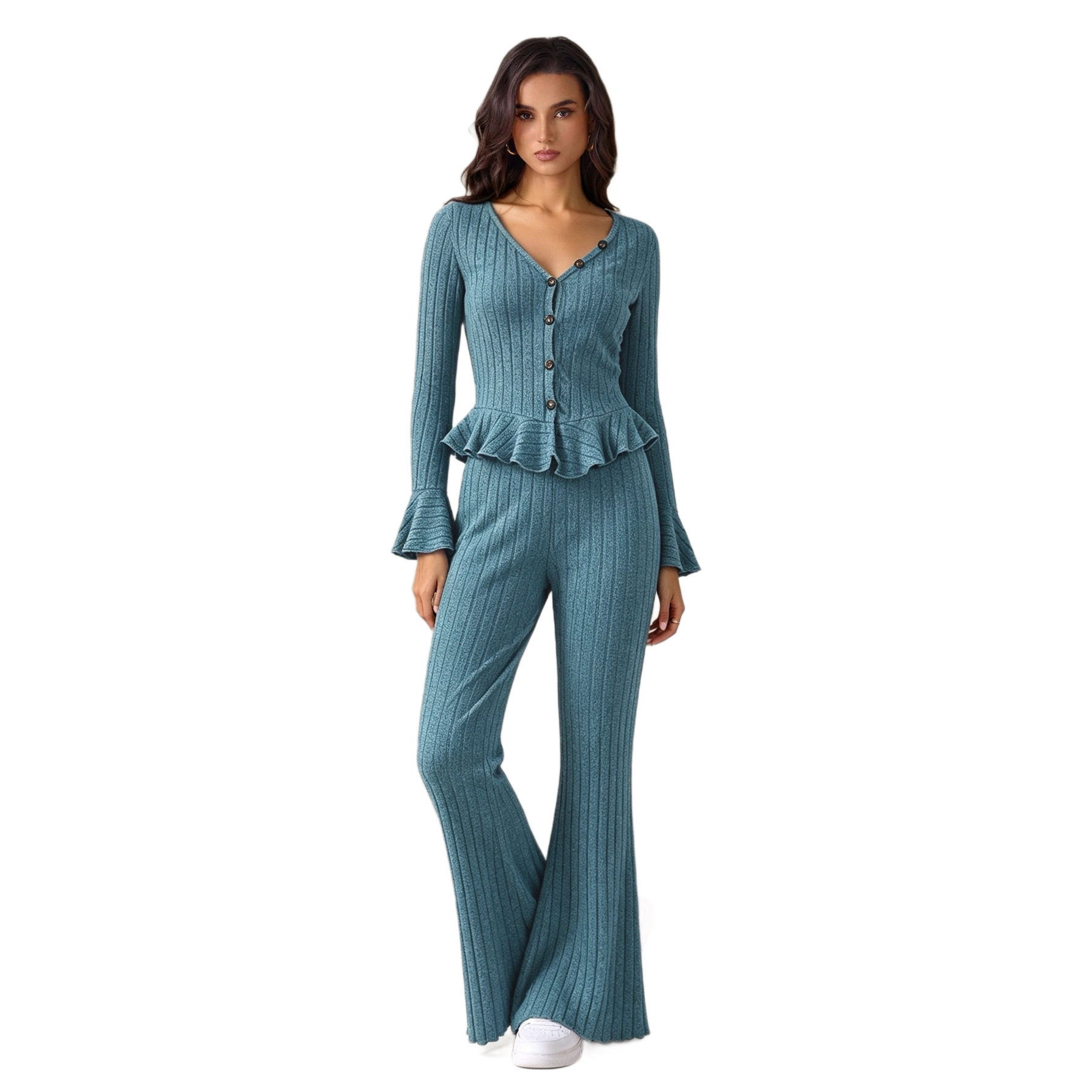 Knitted Two Piece Set Flared Sleeve Top with Ruffle Hem Fitted Waist and Slightly Flared Pants Perfect for Casual or