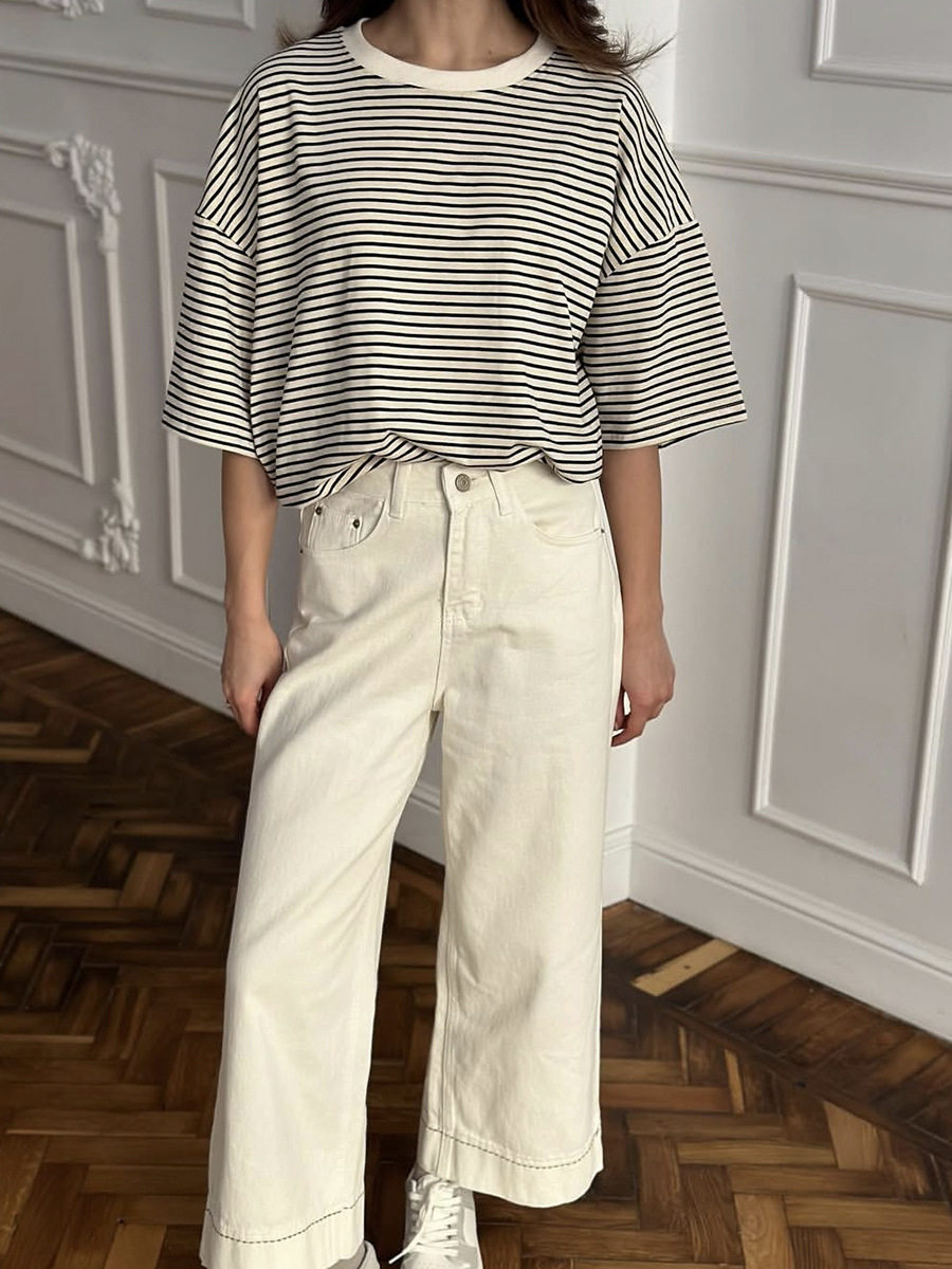Womens Black and White Striped Short Sleeve T Shirt Color Block Loose Fit Round Neck Casual Top Spring Summer